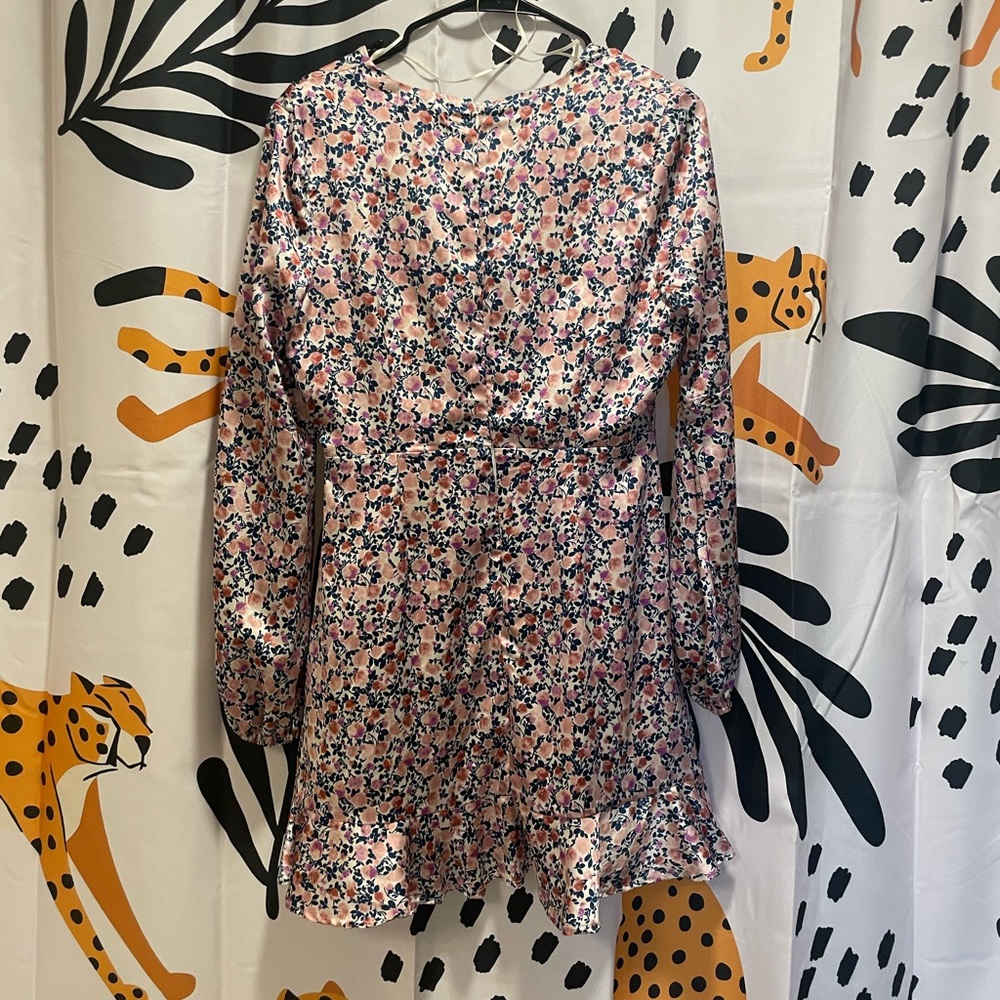 Pink floral satin longsleeved, V-neck wrap dress from Altar’d State. Size medium